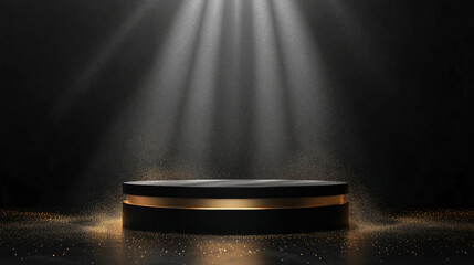 Naklejka na ściany i meble Elegant black podium with golden stripe under bright light and glitter particles on dark background. Generative AI