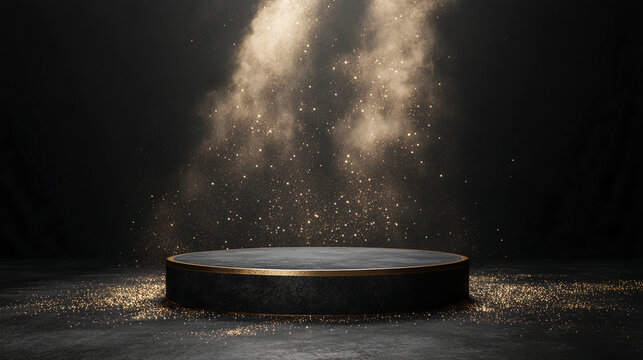 Minimalist black podium with golden edge and glittering dust under spotlight on dark background. Generative AI