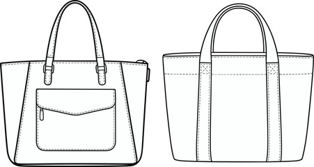 Tote bag flat sketch front and back view, handbag technical drawing, fashion accessory vector template for designers, zip pocket shoulder bag mockup © Md