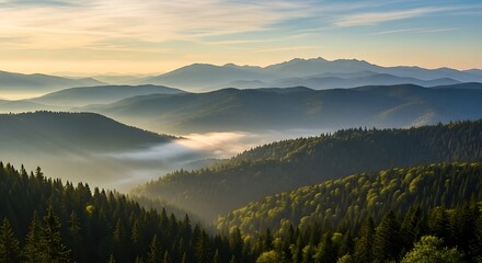 Misty mountain range at sunrise, with dense forests and valleys.