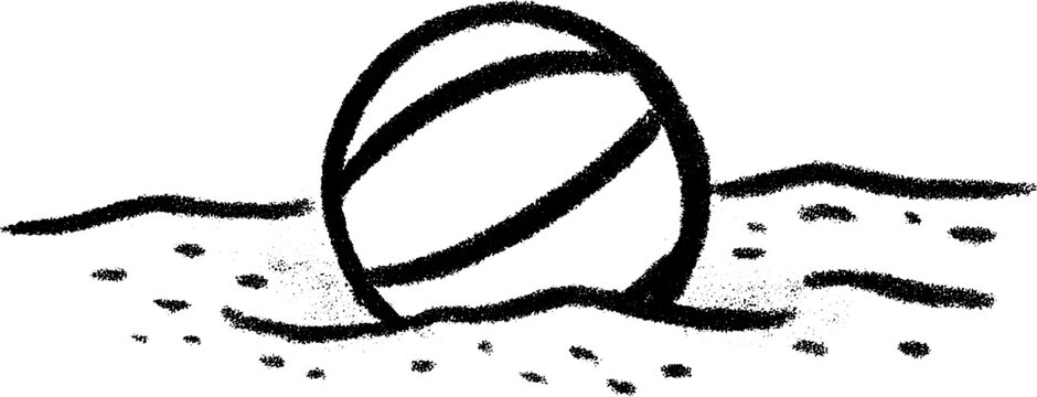 Sketch of a striped beach ball half buried in sand with textured lines