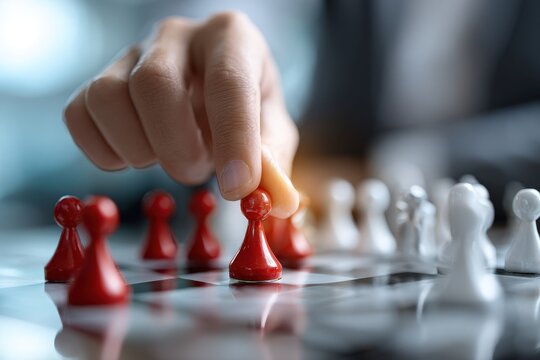 Strategy unfolds as a hand moves a red pawn during a chess game in an indoor setting