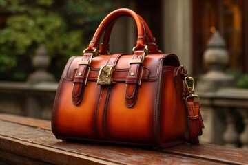 High-quality leather handbag displayed elegantly on a wooden surface with blurred greenery in the background