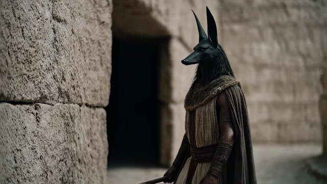 Ancient Egyptian Anubis statue in stone temple. God of death figure near doorway. Historical reconstruction of pharaoh era. Mystical jackal-headed deity video