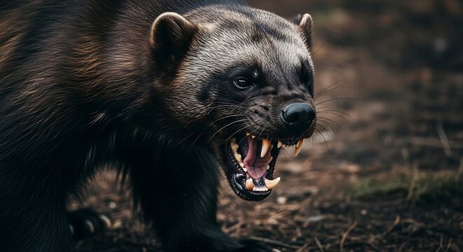 Close-up of a wolverine with an aggressive expression, teeth bared, in a natural setting.