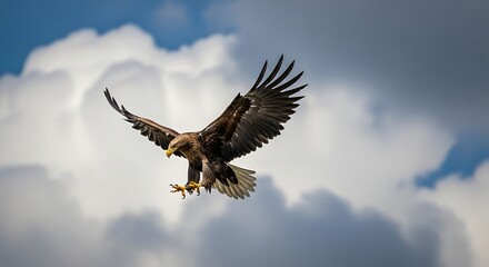 A majestic eagle soars through a cloudy sky, wings outstretched, ready to land.