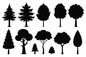 Black silhouettes of various trees nature icons set