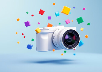 Modern white digital camera floating with colorful abstract cubes against a soft blue background