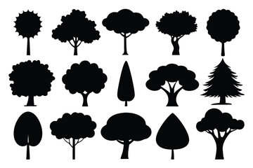 Collection of black silhouette tree icons various shapes and sizes