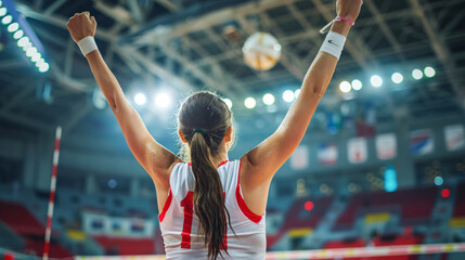 Volleyball player raised his hand in joy after winning the match