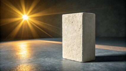 Concrete block standing on a reflective surface with a bright light source in the background creating a dramatic effect