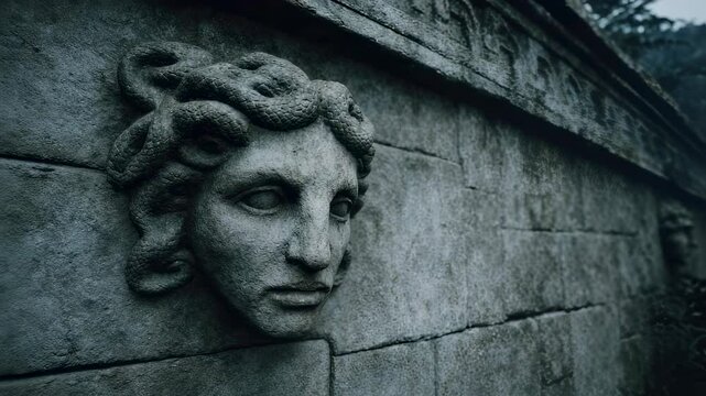Medusa sculpture on ancient stone wall. Mythological gorgon head carving. Greek mythology art in eerie atmosphere. Horror and fantasy concept for Halloween decor.