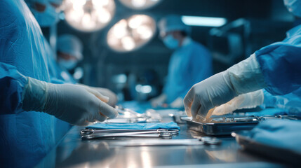 Naklejka premium Tight shot of medical team adjusting gloves and arranging instruments on sterile tray, teamwork in focus, clean surgical room with stainless steel surfaces and strong lighting