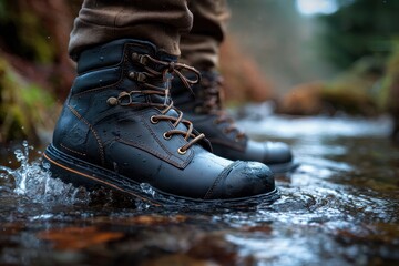Water-resistant boots provide stability and comfort while wading through a shallow stream in a lush, forested environment
