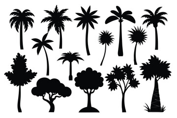 Collection of black silhouettes various tropical and other trees