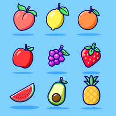 Fruit icon set summer cute retro cartoon vector hand drawn