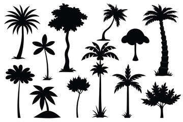 Collection of tropical trees silhouettes black and white