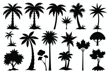 Collection of tropical palm trees and silhouettes