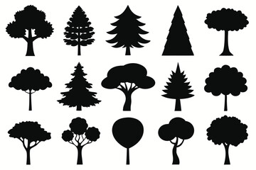 Collection of black silhouettes various tree types