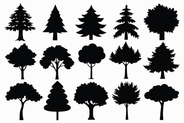 Collection of black silhouettes various tree types
