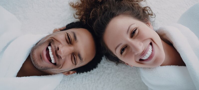 The joyful couple sharing laughter and warmth during a relaxing spa day.