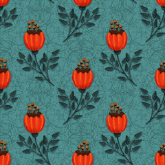 Abstract orange flowers pattern. Digital  painting