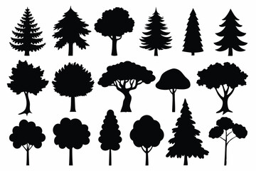 Collection of black silhouettes various tree types forest nature