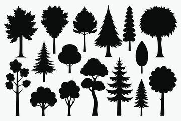 Collection of black silhouettes various tree types