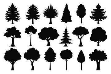 Collection of black silhouettes various tree types