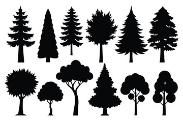 Collection of black silhouettes various tree types