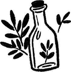 Artistic sketch of olive oil bottle with sprigs for culinary design