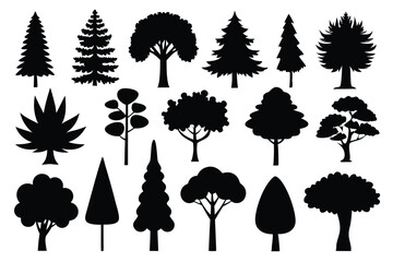 Collection of black silhouettes various tree types
