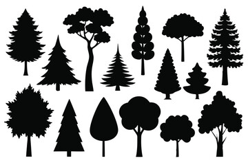 Collection of black silhouettes various trees nature forest