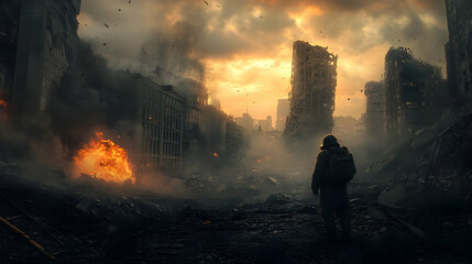 Fototapeta premium Solitary figure amidst urban destruction at dusk