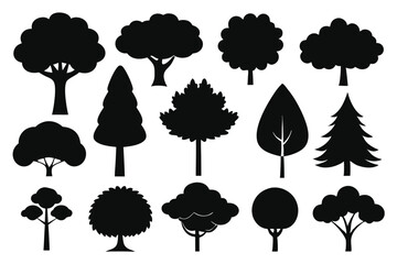 Collection of black silhouettes various tree types
