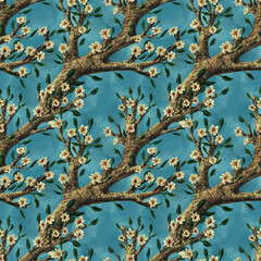 Flowering tree seamless pattern. Oil painting texture.