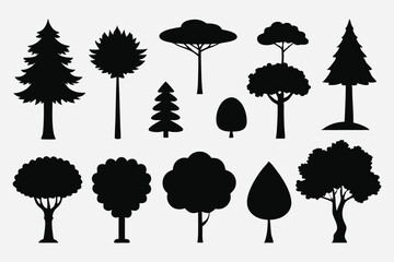 Collection of black silhouettes various tree types
