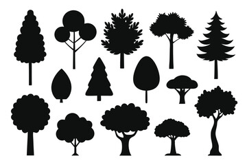 Collection of black silhouettes various tree types