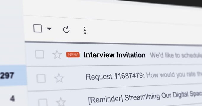 Incoming email with Interview Invitation title, new e-mail in inbox folder with job interview scheduling email, webmail interface close up footage