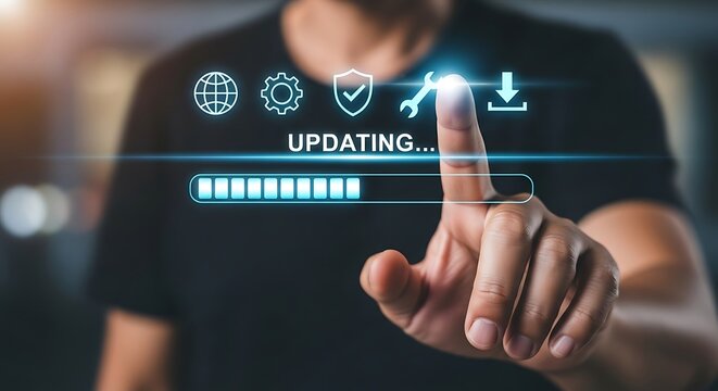 Digital progress bar with icons and finger technology update