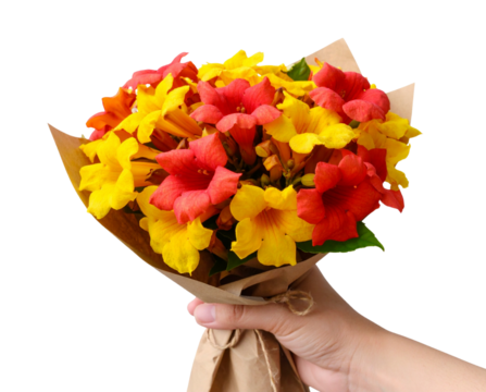 Trumpet Vine Blossom Bunch with Gradient Petals and Decorative Wrapping, isolated on transparent background