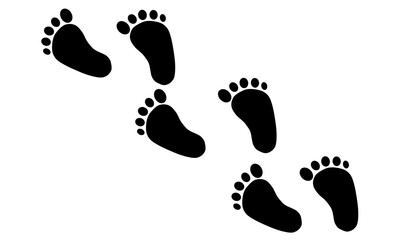 Black baby footprints moving diagonally, isolated on white background. Simple vector for baby themes, steps concept, or child-related graphic elements