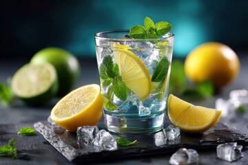 Refreshing summer beverage with mint and citrus served on a slate board in a vibrant setting