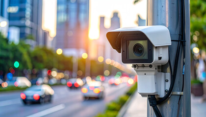 Security Camera Overlooking City Street: A sleek security camera vigilantly watches over a bustling city street, framed by the golden glow of the setting sun and blurred traffic in the background.