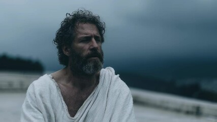 Bearded man in white robe on stormy beach. Moody cinematic scene of solitary figure facing ocean. Atmospheric video portraying contemplation and inner struggle. - Powered by Adobe