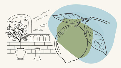 Artistic line drawing featuring a lemon and coastal scenery in warm tones.