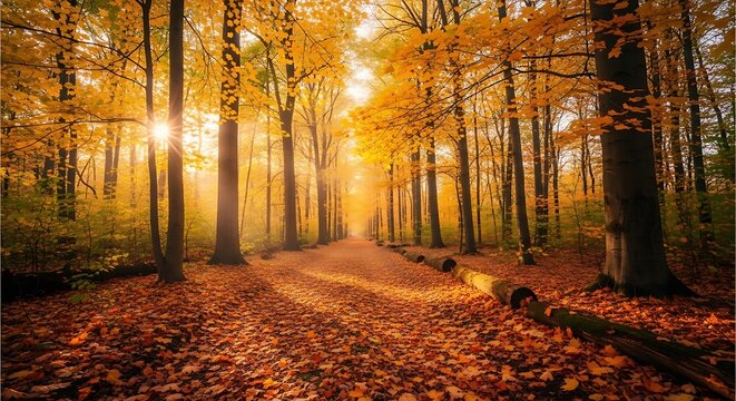 Sunlit autumn path through a golden forest, leaves covering the ground.