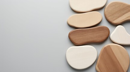 A collection of organic wood shapes rests on a grey background