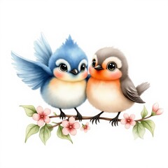 Fototapeta premium Watercolor Illustration of Baby Bluebird and Robin Shaking Wings on a Blooming Branch, Symbolizing Friendship and Springtime Innocence