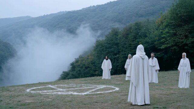 Mysterious figures in white robes gather near misty mountain lake. Eerie cult ritual scene. Atmospheric horror movie concept with foggy forest landscape and copy space.